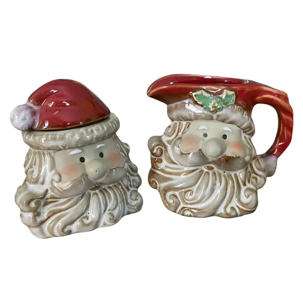 Holiday Santa Ceramic Creamer and Sugar Set Retro Look New